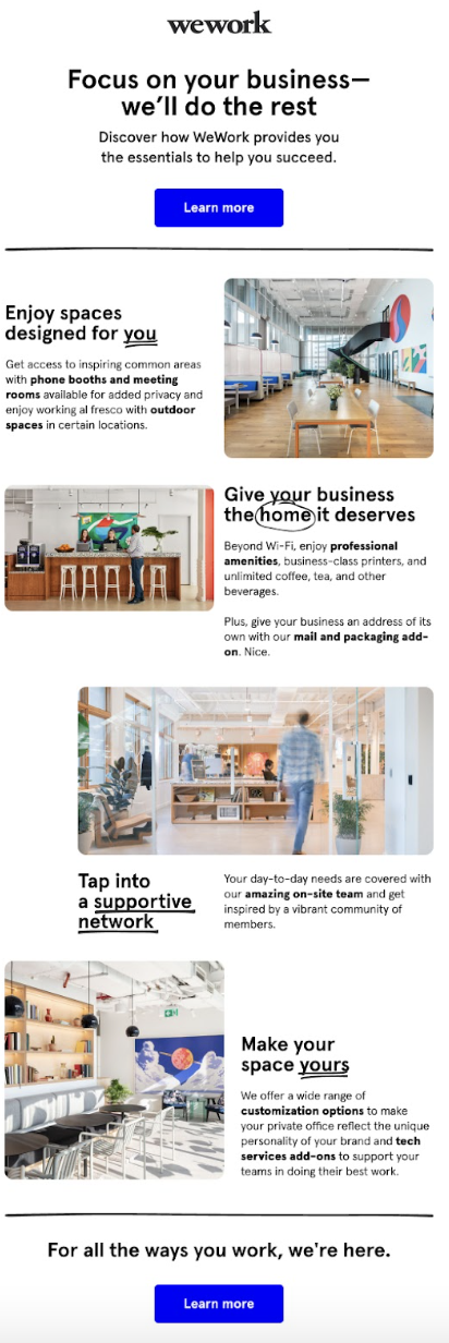 WeWork welcome series email: Focus on your business, we'll do the rest