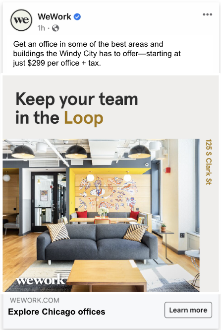 WeWork Chicago social ad: Keep your team in the Loop
