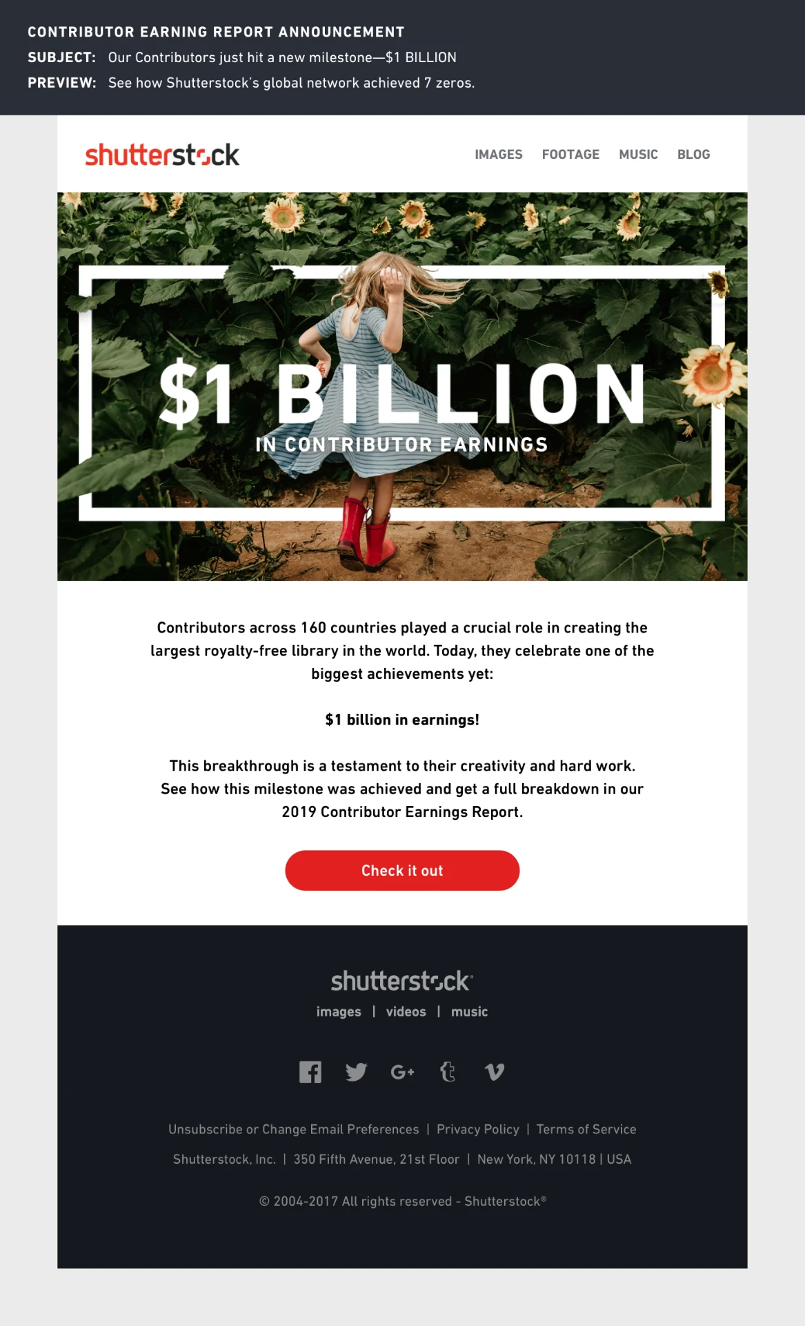 Shutterstock contributor earnings announcement email: $1 billion in contributor earnings