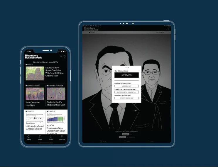 Bloomberg Businessweek app built with MAZ, shown on phone and tablet
