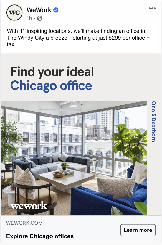 WeWork localized Chicago social ad: Find your ideal Chicago office