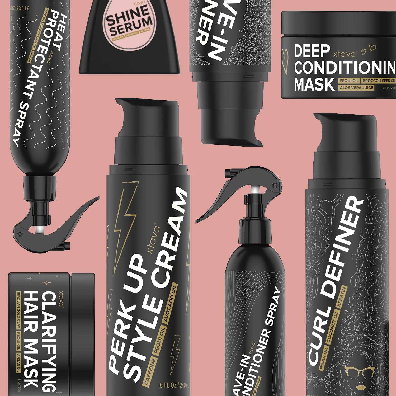 Xtava hair care product line on a pink background